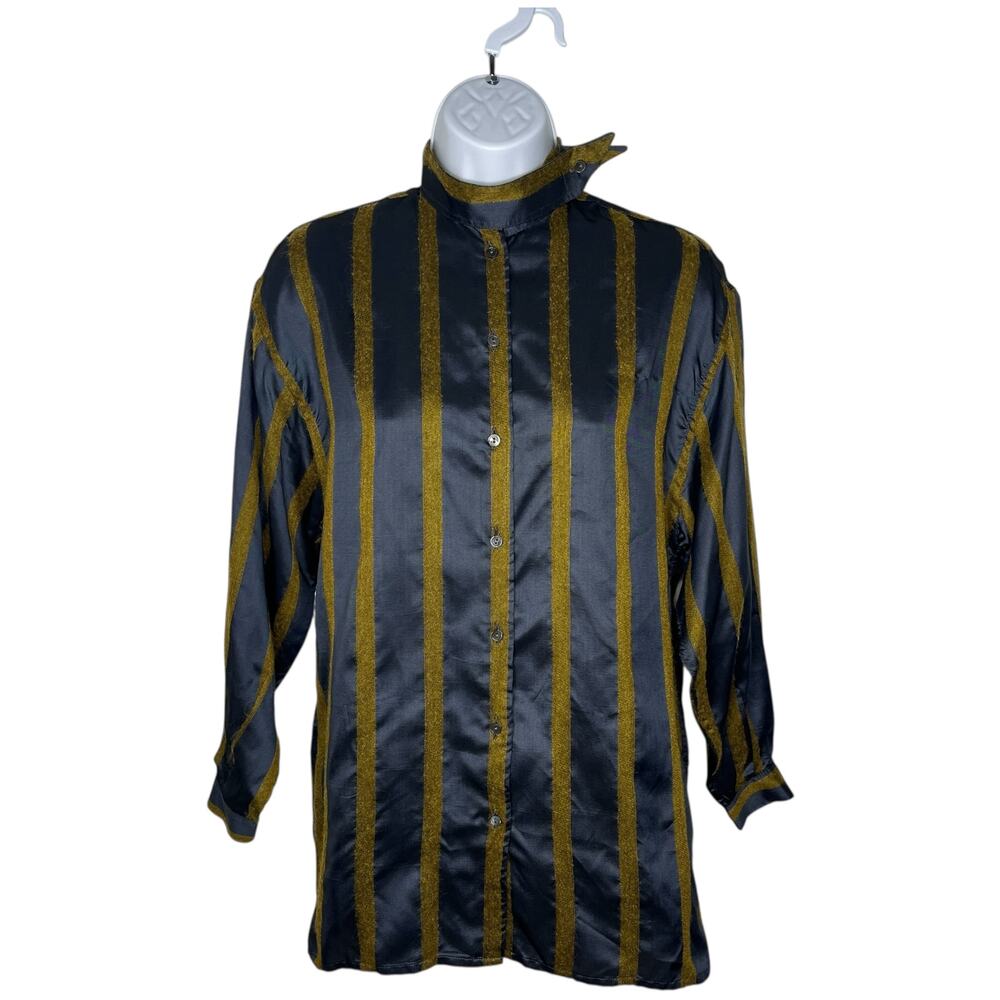 Vtg Charles Hill-Roth 24 Collection 80s S Grey Gold Silk Mohair Striped Blouse